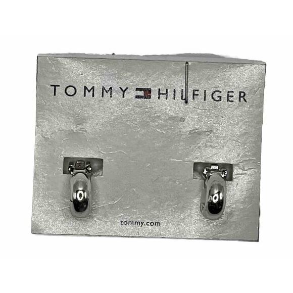TOMMY HILFIGER SILVER TONE Half Loop Clip On EARRINGS - Vintage NOS - Picture 5 of 6